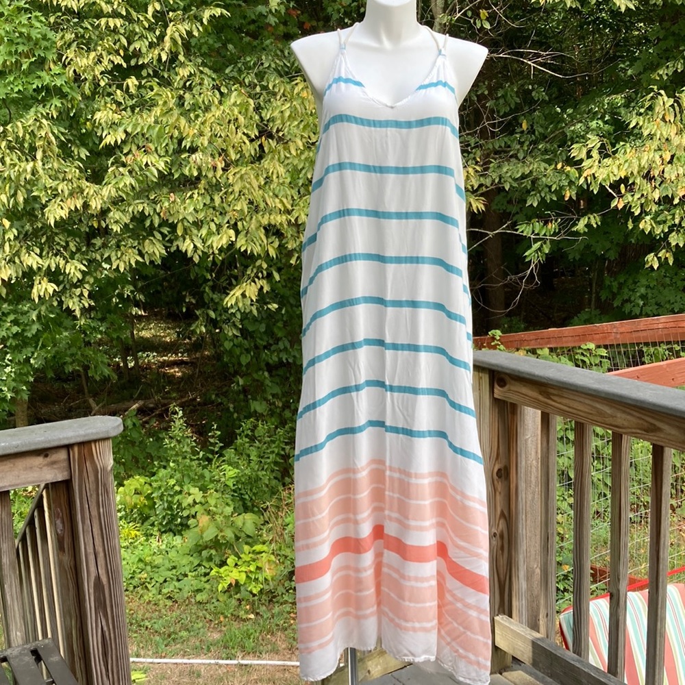 Soft peach and denim blue graceful cross back maxi dress size XXL/2X
